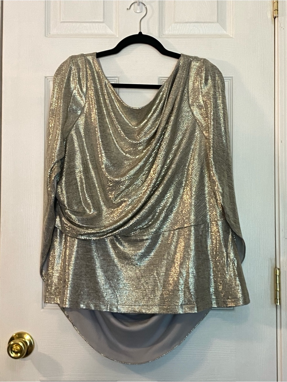 Adrianna Papell Formal Metallic Silver Draped Cowl Neck Top Sz 20